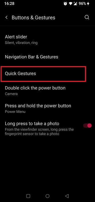 Selecting "Quick Gestures" in Android Settings app.