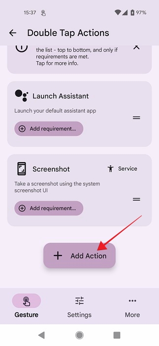 Tapping "Add Action" button in Tap Tap app on Android.