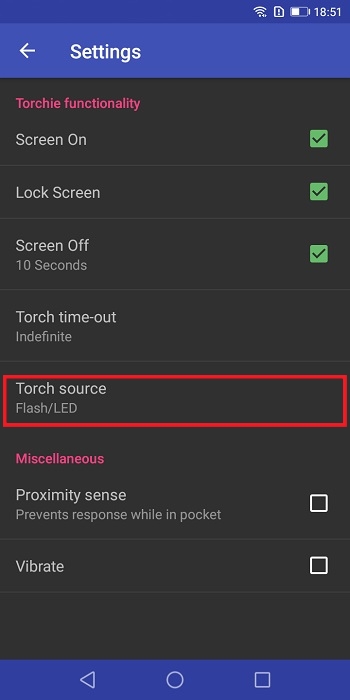 Tapping on "Torch source" in Torchie app.