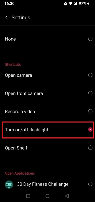 Enabling "Turn on/off flashlight" option in Android Settings app.