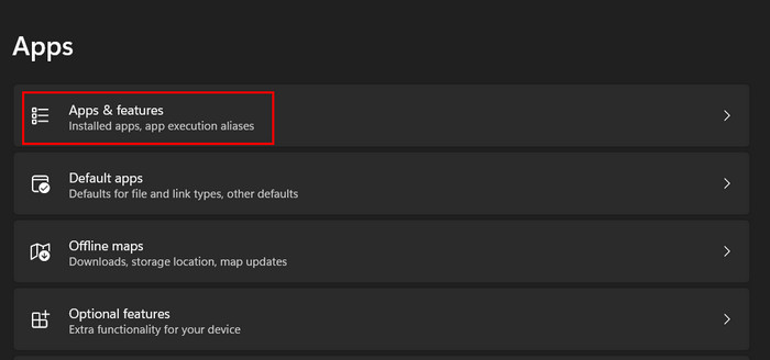 Clicking on "Apps & features" in Windows Settings.