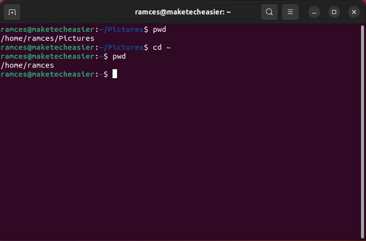 A terminal showing the home directory character in a cd command.