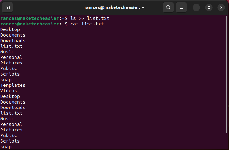 A terminal showing the shell append feature in bash.