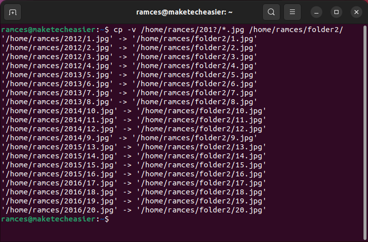 A terminal showing the multi-file copy across different directories.