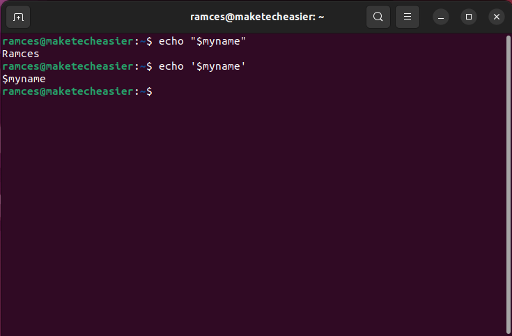 A terminal showing the difference between single quotes and double quotes.