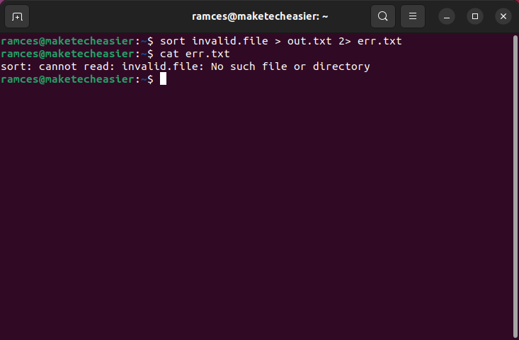 A terminal showing a error redirection output from an invalid file.