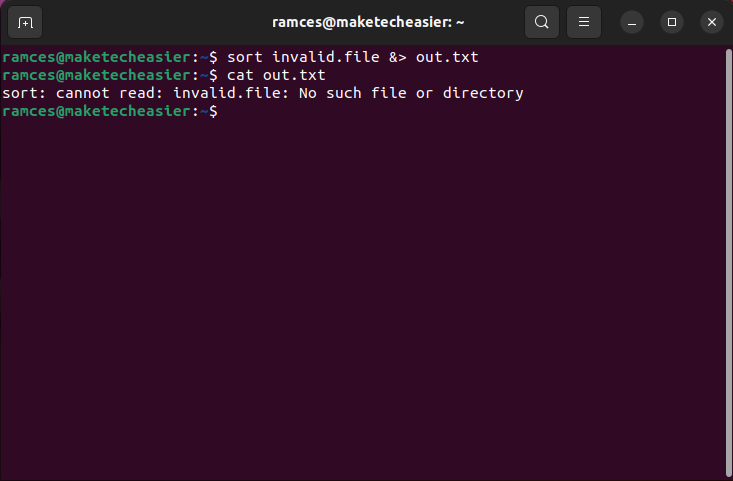 A terminal showing the output and error redirection from an invalid file.