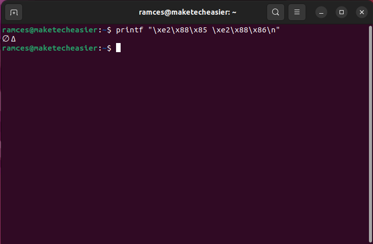 A terminal printing two Unicode characters using their hex codes.