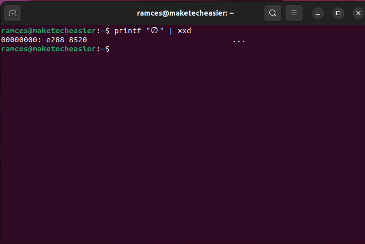 A terminal showing the hexdump of a Unicode character.