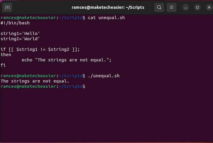 A terminal showing a simple shell evaluation character for two strings.