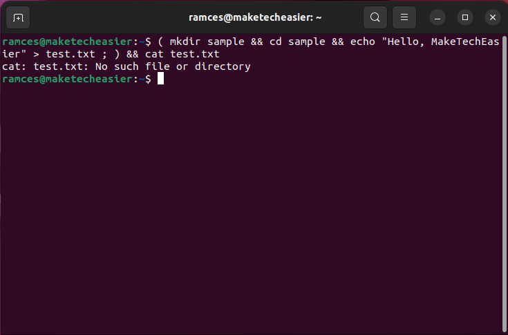 A terminal showing a basic subshell command string.