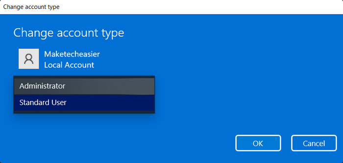 Selecting "Administrator" as account type.