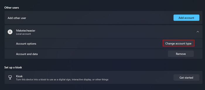 Clicking on "Change account type" button under "Other users" in Settings.
