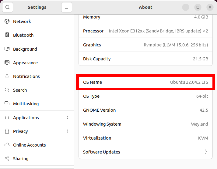 A screenshot of the Ubuntu settings window with a highlight on the "OS Name" variable.