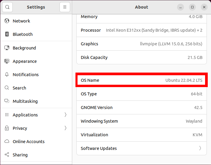 A screenshot of the "OS Name" variable under the Ubuntu settings application.