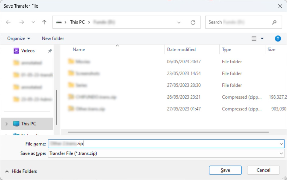 The Transwiz save window on Windows.