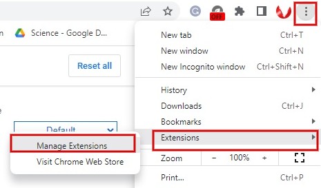 Bringing up the "Manage Extensions" option from three dot menu in Chrome. 