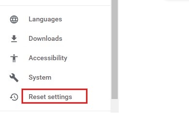 Selecting "Reset settings" option in Chrome Settings. 