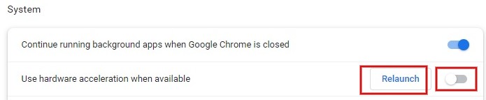 Toggling off "Use hardware acceleration when available" option in Chrome browser.