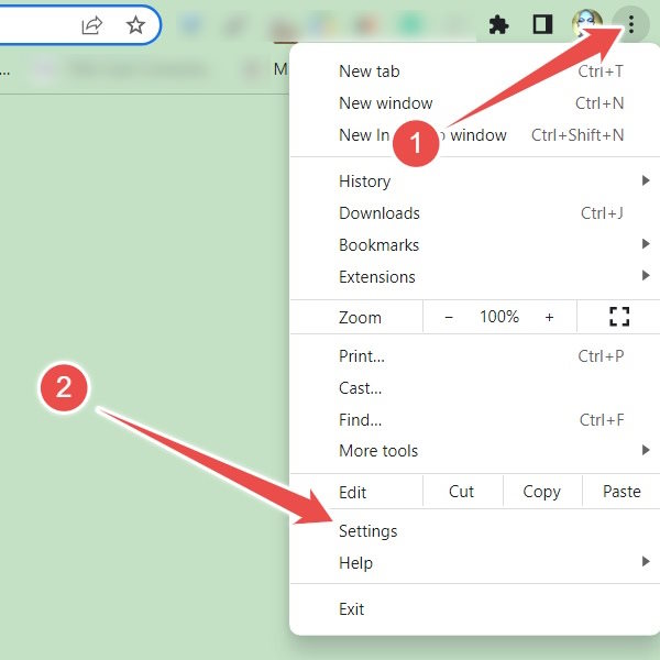 Clicking on "Settings" in Chrome.