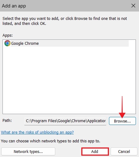 Browsing to find the new app to be added to the Windows Defender Firewall.