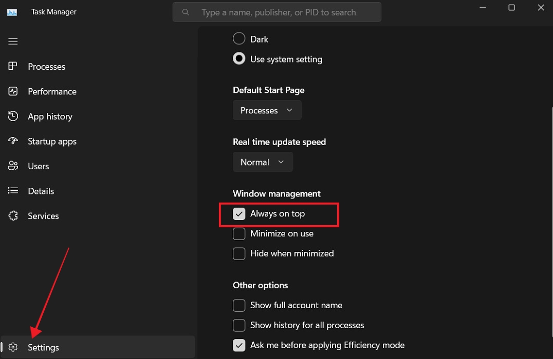 Selecting "Always on top" in Task Manager settings.