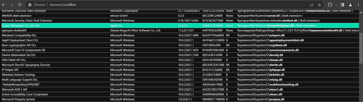 Chrome Conflicts page view. 