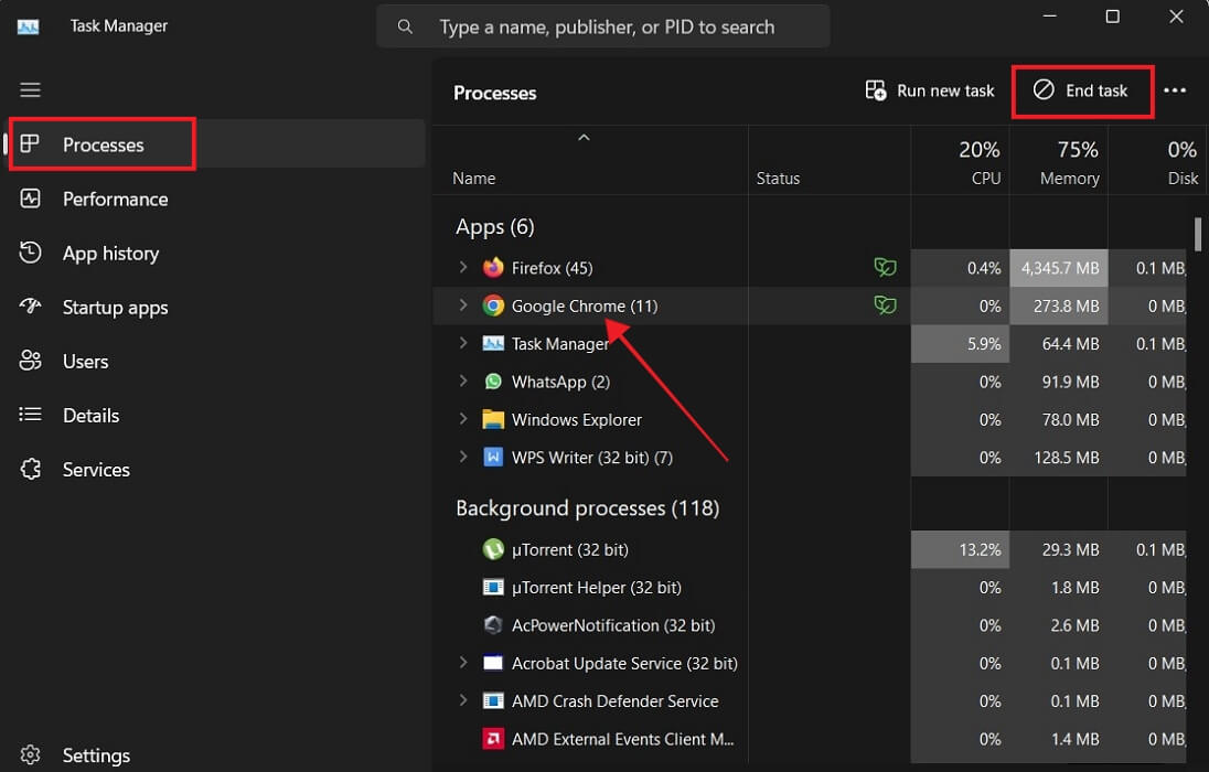 Clicking on Chrome in Task Manager to end task. 