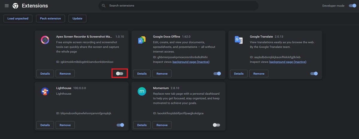 Toggling off extensions in Chrome. 