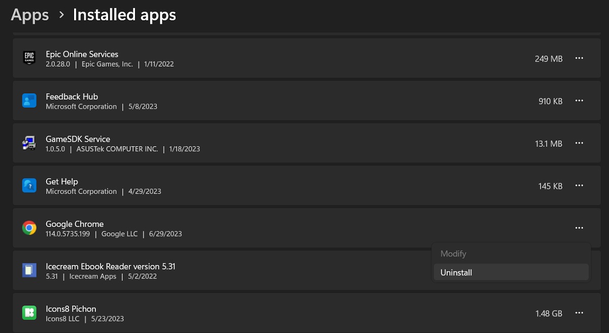 Google Chrome view in Installed Apps in Windows Settings. 