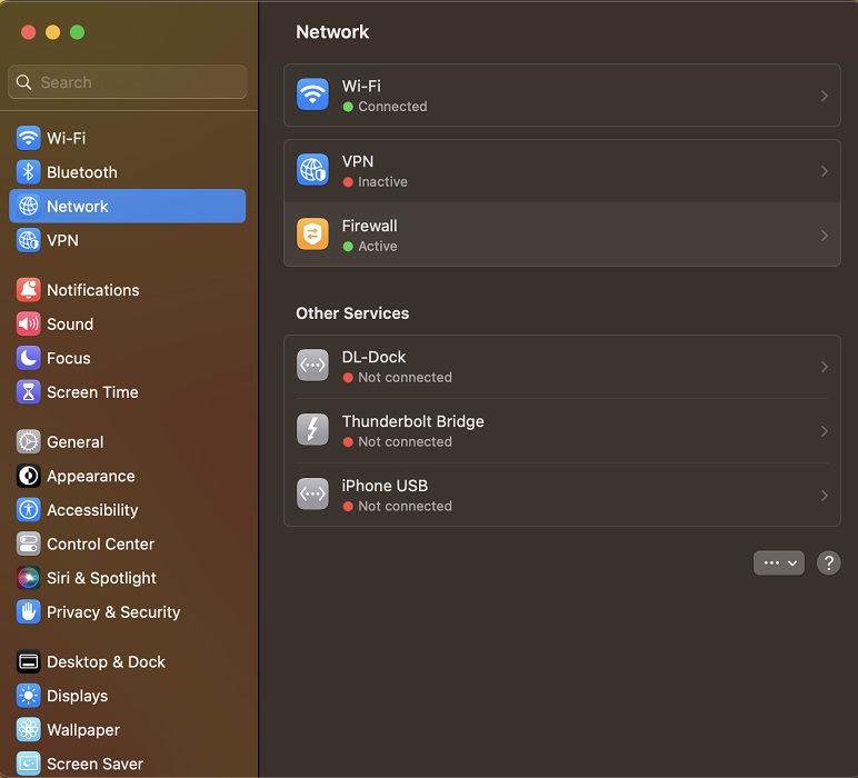 Going to "Firewall" from "Network" on Mac.