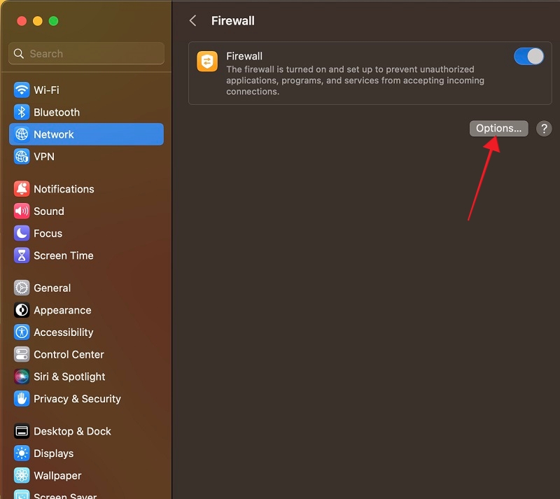 Clicking on "Options" under "Firewall" on Mac. 
