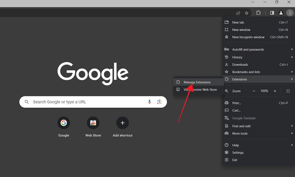 Clicking on "Manage Extensions" in Chrome Settings. 