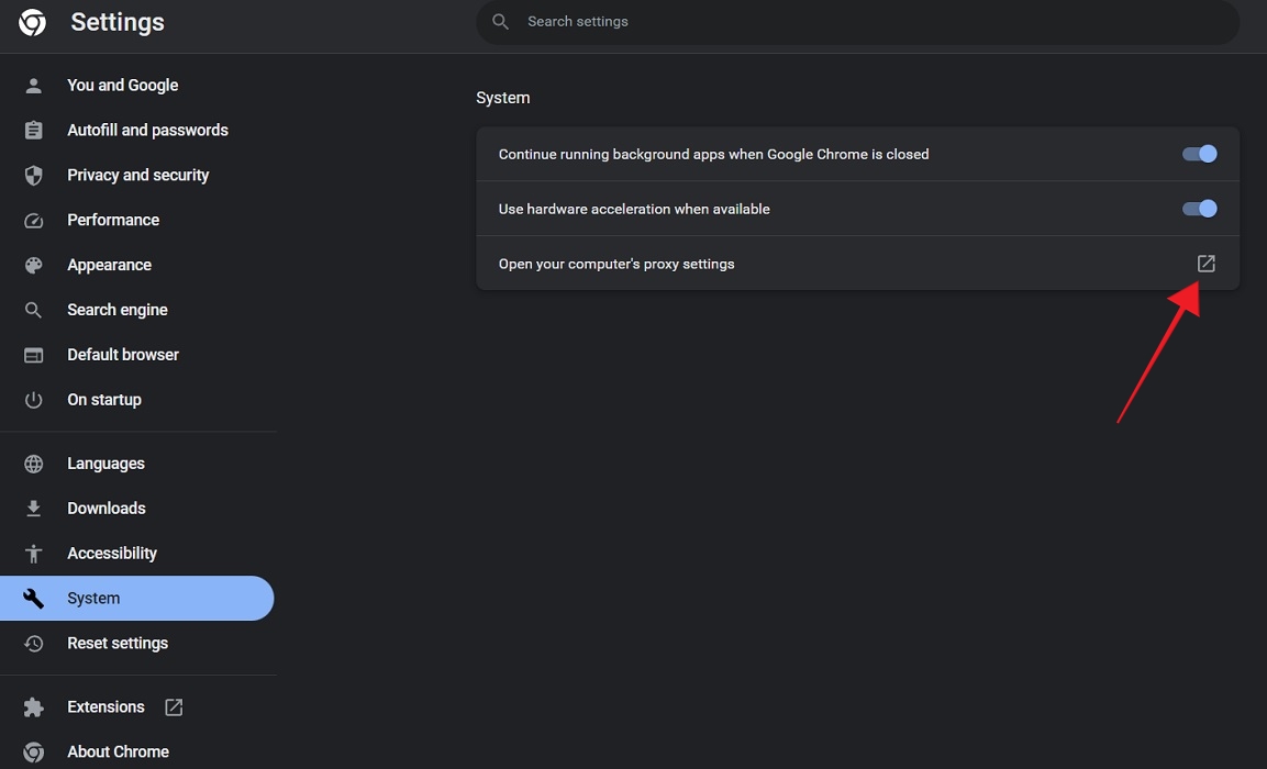 Navigating to the "Open your computer's proxy settings" in Chrome. 