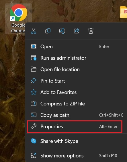 Click on "Properties" for Chrome browser in context menu.
