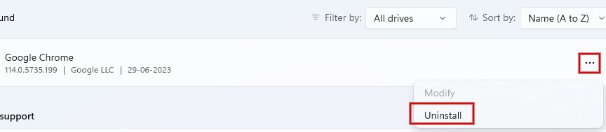 Uninstalling Chrome app via Windows Settings.