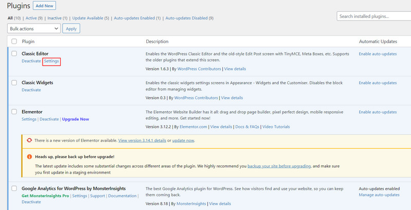 Accessing the Classic Editor settings