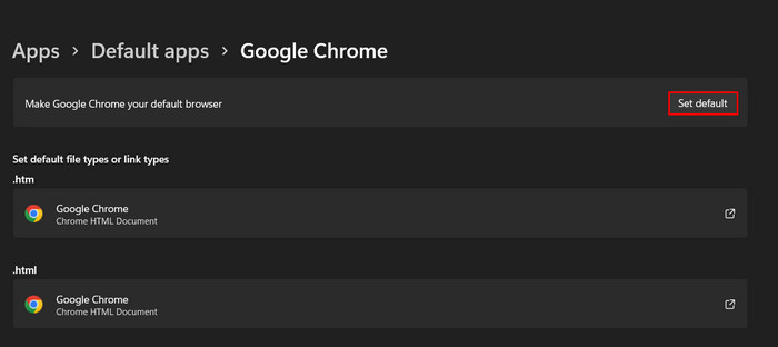 Pressing on "Set default" button under app.