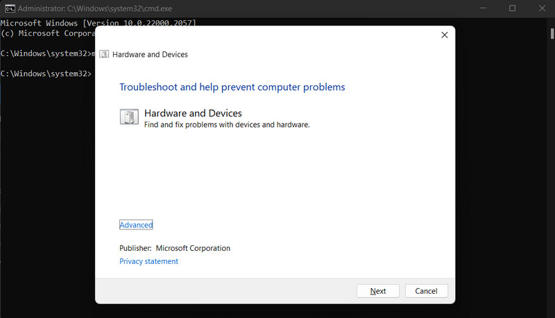 Clicking "Next" in Hardware And Devices Troubleshooter.