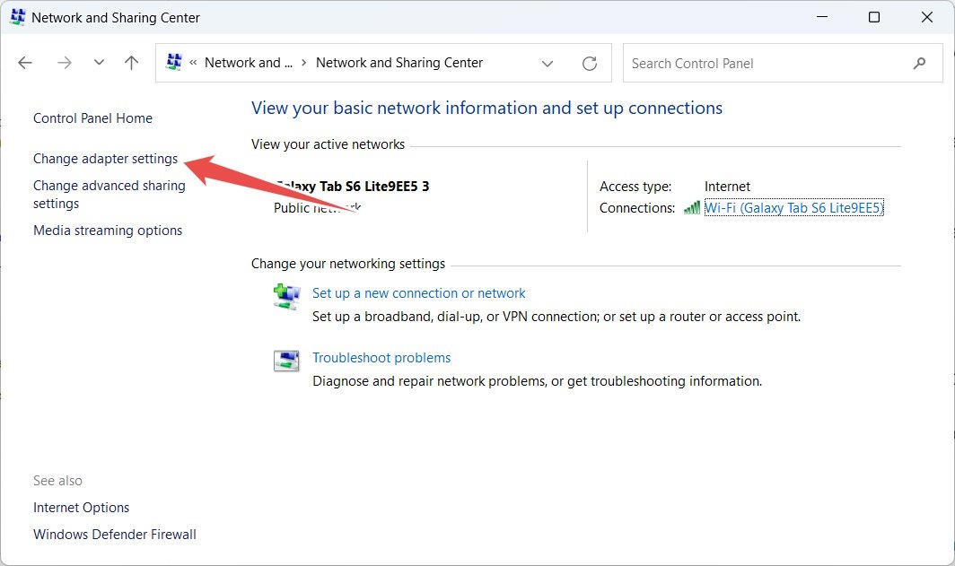 Go to "Change Adapter Settings" in Control Panel.