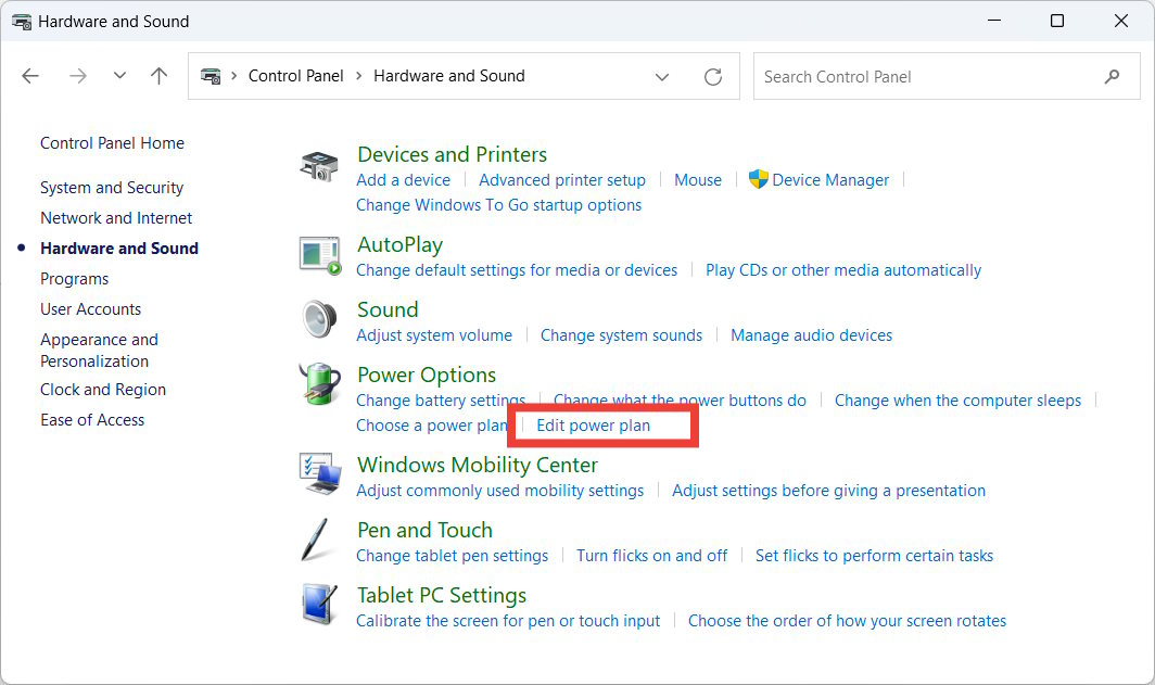 The "Edit power plan" option in the Control Panel.