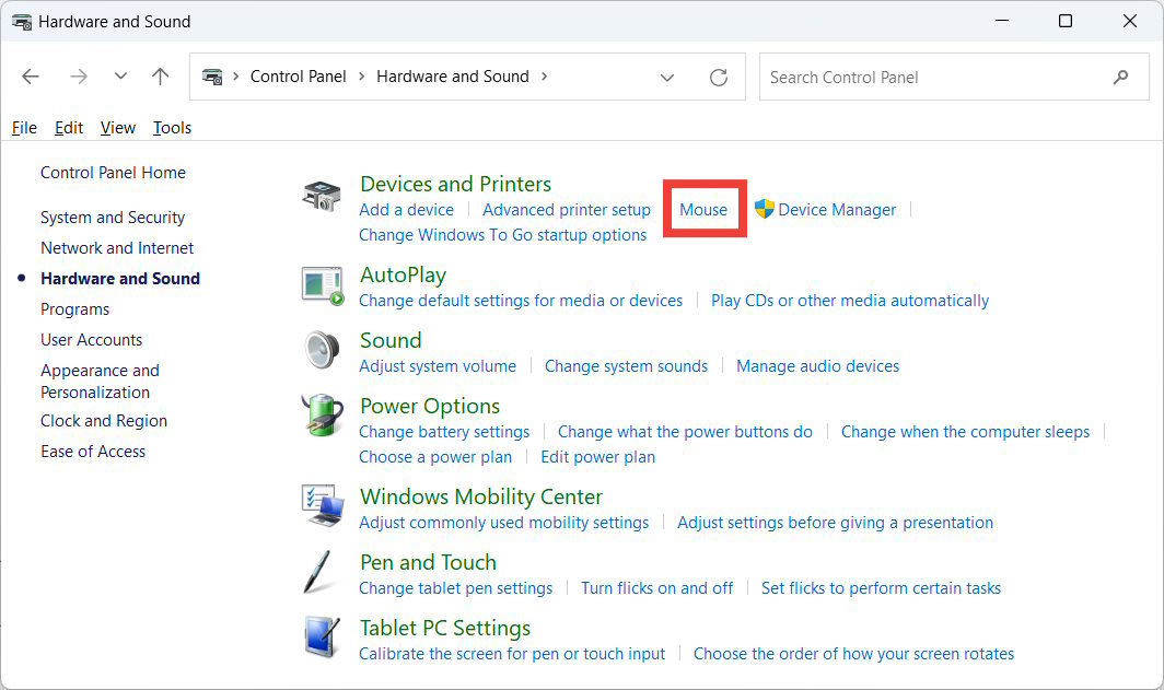 The "Mouse" option highlighted in the Control Panel.