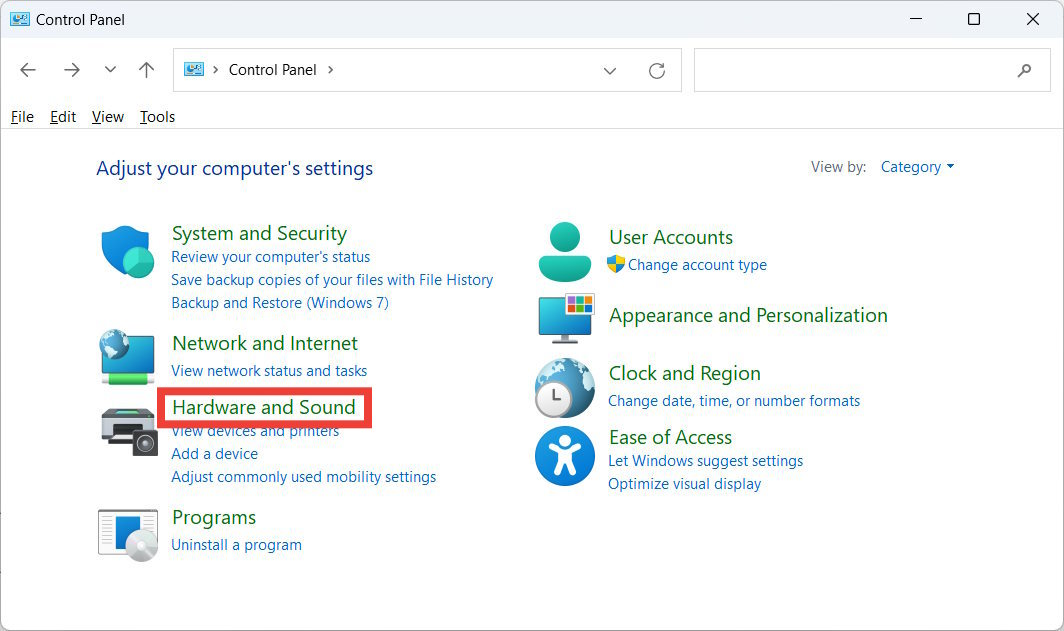 The Control Panel with the "Hardware and Sound" option highlighted.