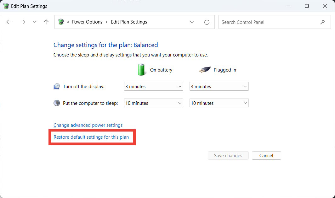 The "Restore default settings for this plan" option in Control Panel.