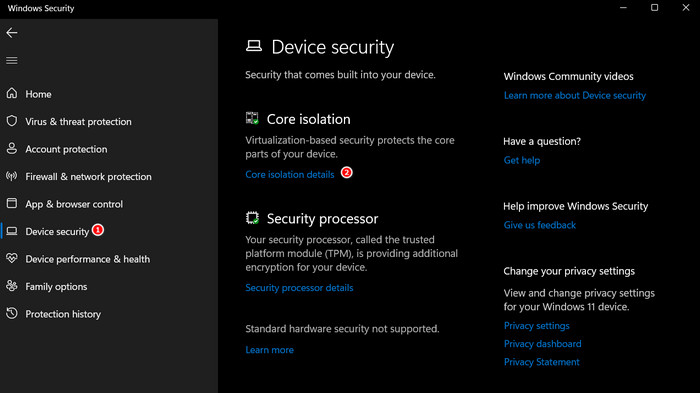 Clicking "Core isolation" under "Device Security" in Windows Security.
