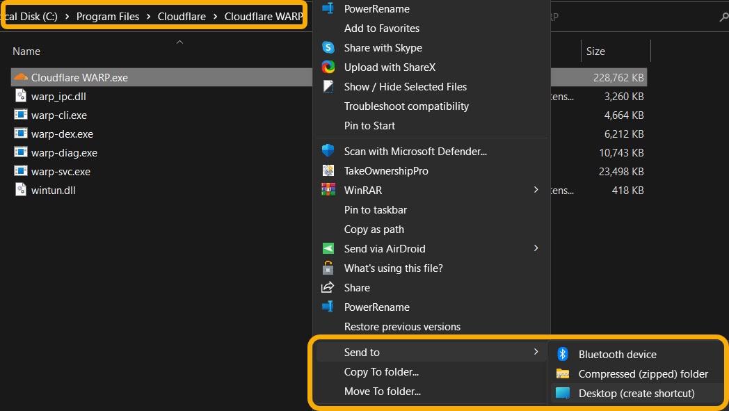 Clicking on "Send to" button from context menu via File Explorer.