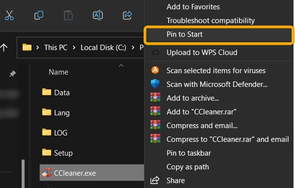 Clicking on "Pin to Start" option from context menu.