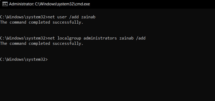 Adding new account via Command Prompt.