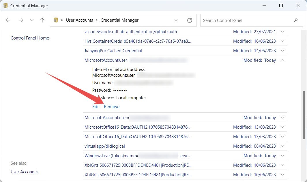 Clicking "Remove" under MicrosoftAccount:user=
