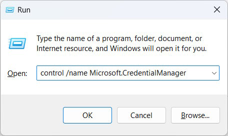 Opening the Credentials Manager with Windows Run.